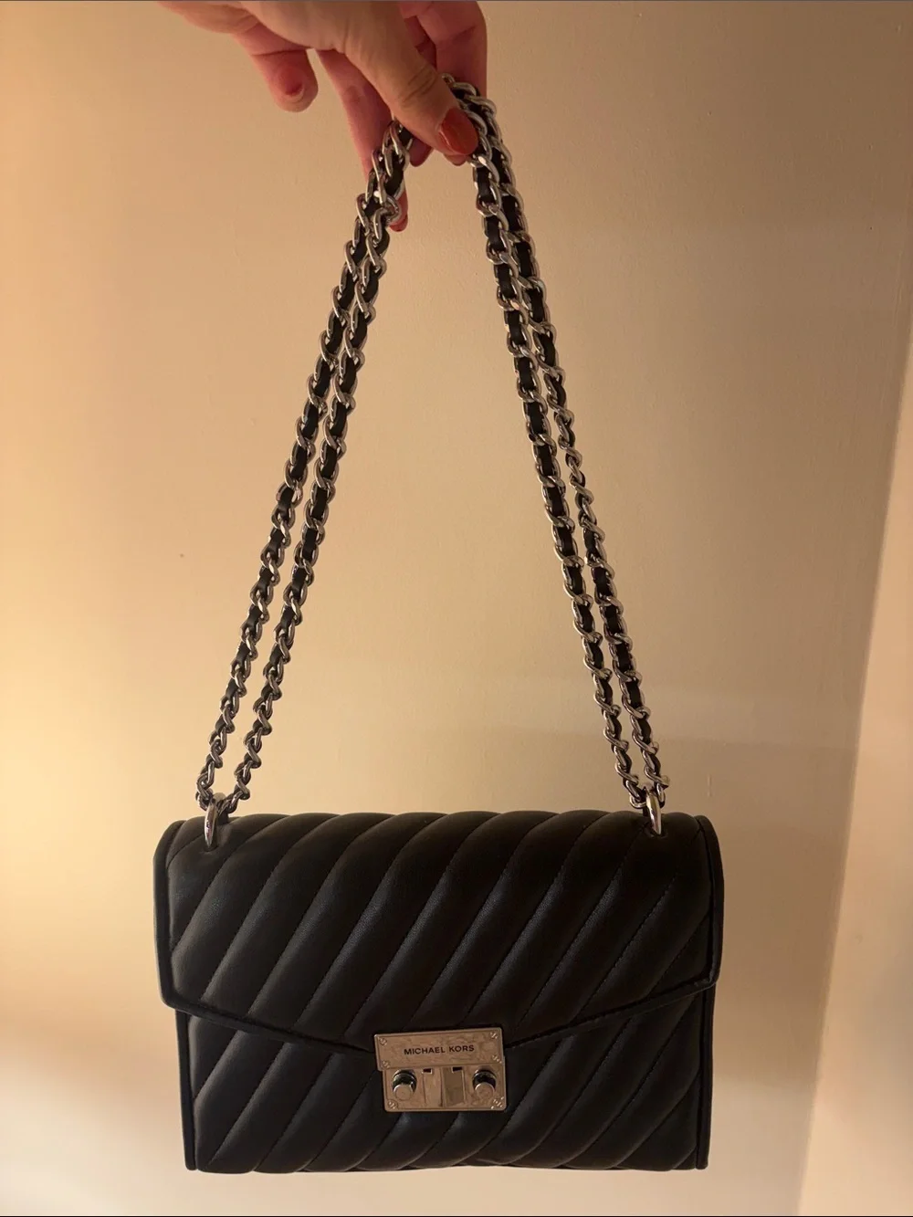 Michael Kors Black Quilted Shoulder Bag with Silver Chain